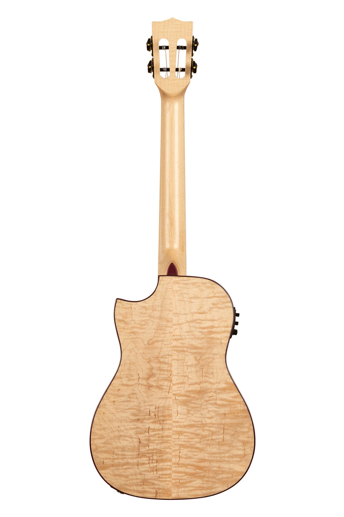 A All Solid Flame Maple Cutaway Baritone Ukulele w/ EQ & Bag shown at a back angle