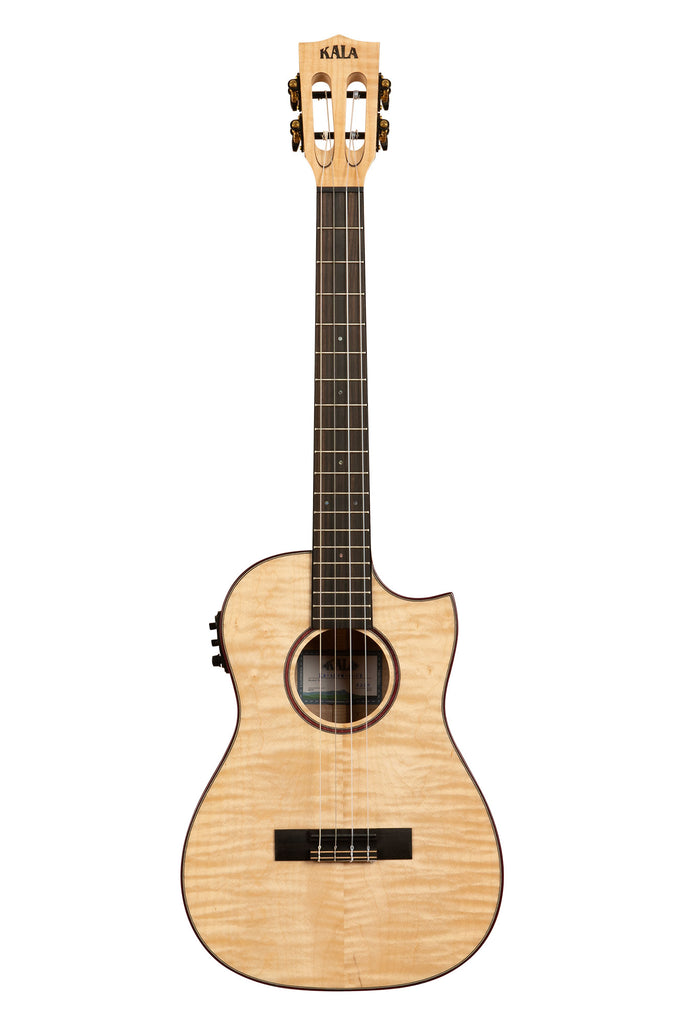 A All Solid Flame Maple Cutaway Baritone Ukulele w/ EQ & Bag shown at a front angle
