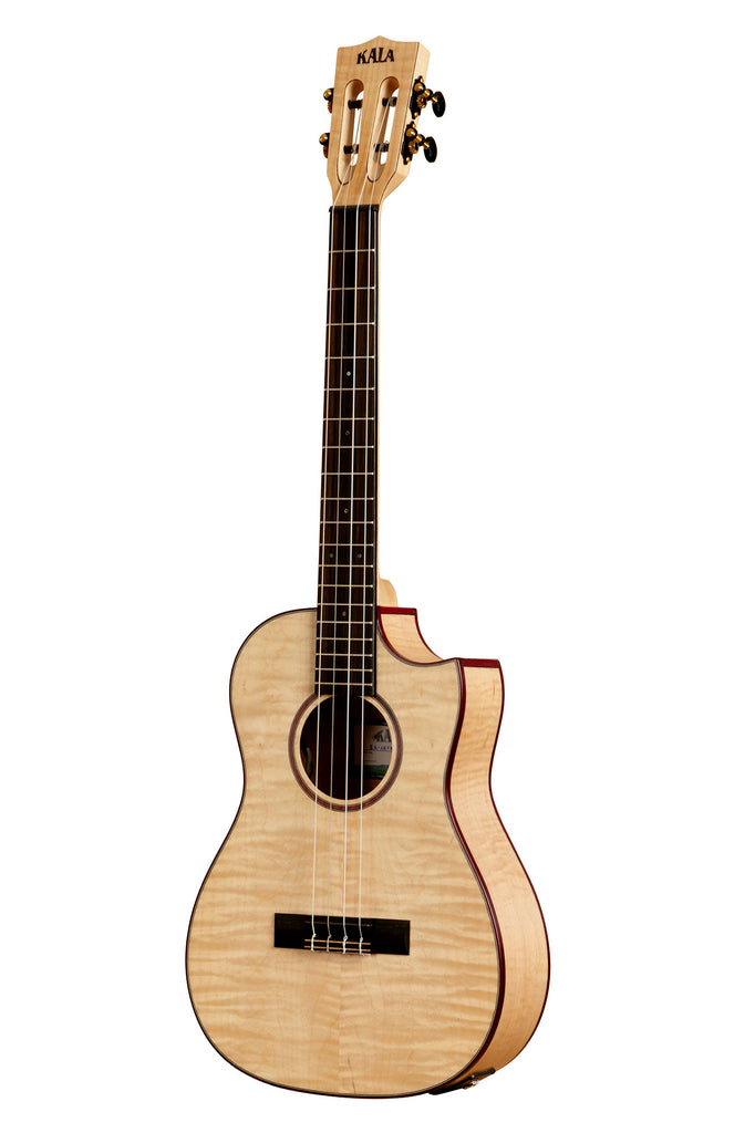 A All Solid Flame Maple Cutaway Baritone Ukulele w/ EQ & Bag shown at a left angle