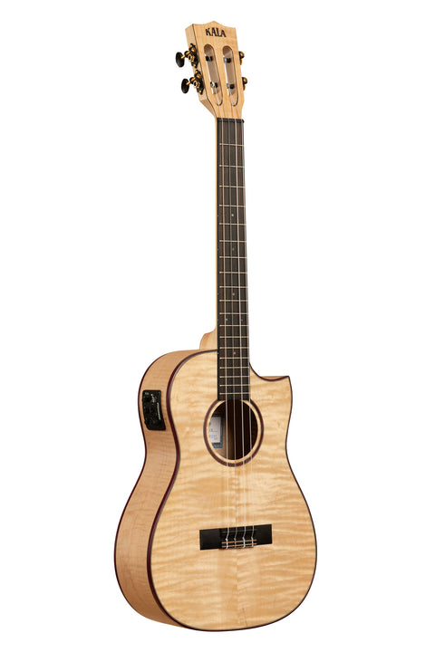 A All Solid Flame Maple Cutaway Baritone Ukulele w/ EQ & Bag shown at a right angle