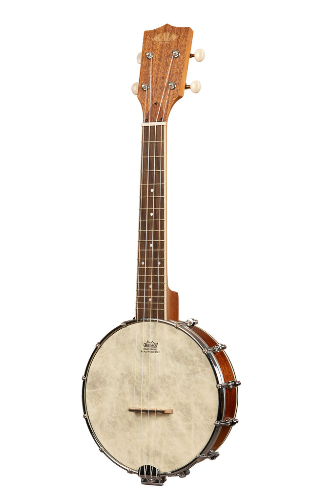 A Natural Mahogany Banjo Concert Ukulele with Bag shown at a left angle