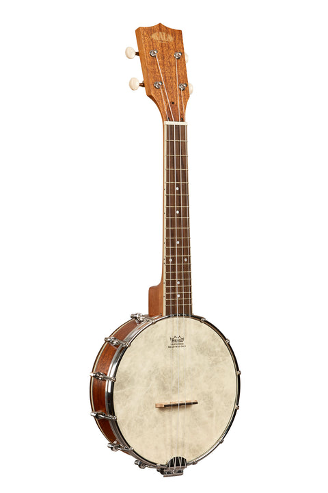 A Natural Mahogany Banjo Concert Ukulele with Bag shown at a right angle