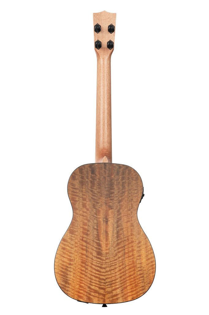 A Curly Mango Baritone Ukulele with EQ shown at a back angle