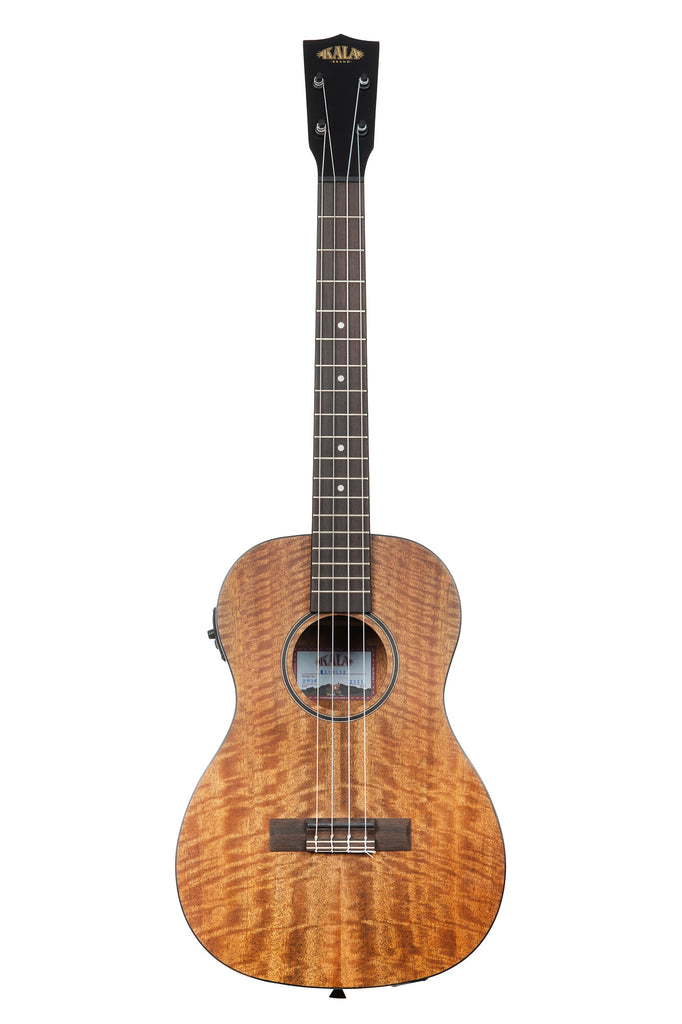 A Curly Mango Baritone Ukulele with EQ shown at a front angle