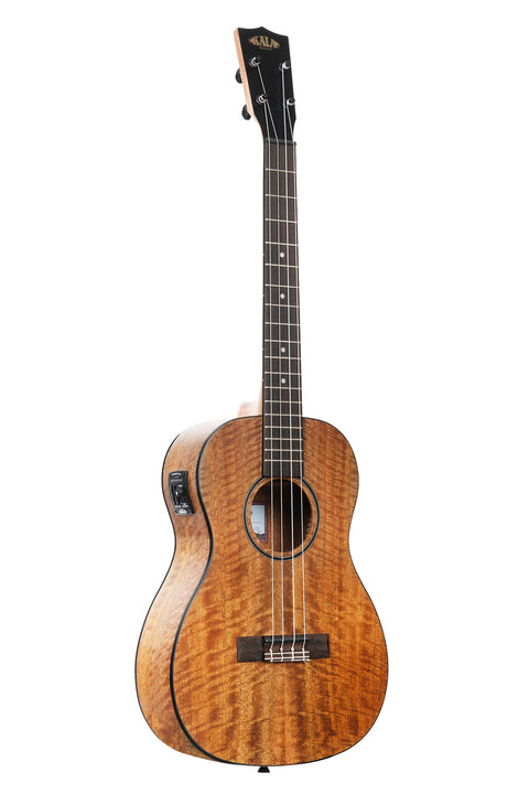 A Curly Mango Baritone Ukulele with EQ shown at a right angle