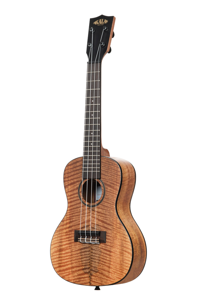 A Curly Mango Concert Ukulele shown at a left angle