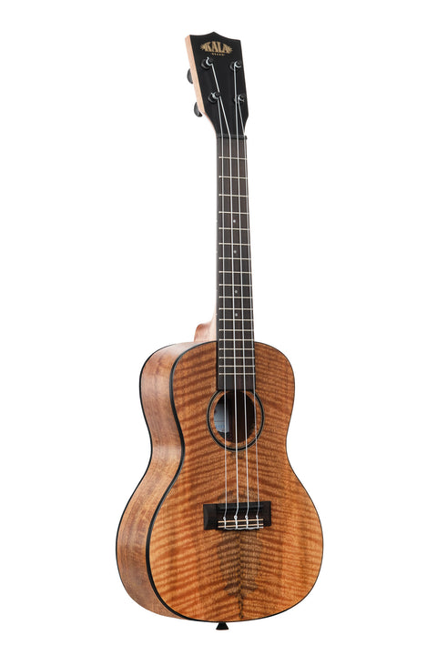A Curly Mango Concert Ukulele shown at a right angle
