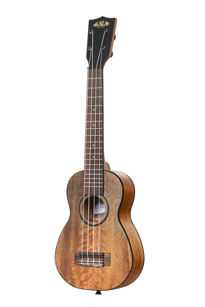 A Curly Mango Soprano Long Neck Ukulele shown at a left angle