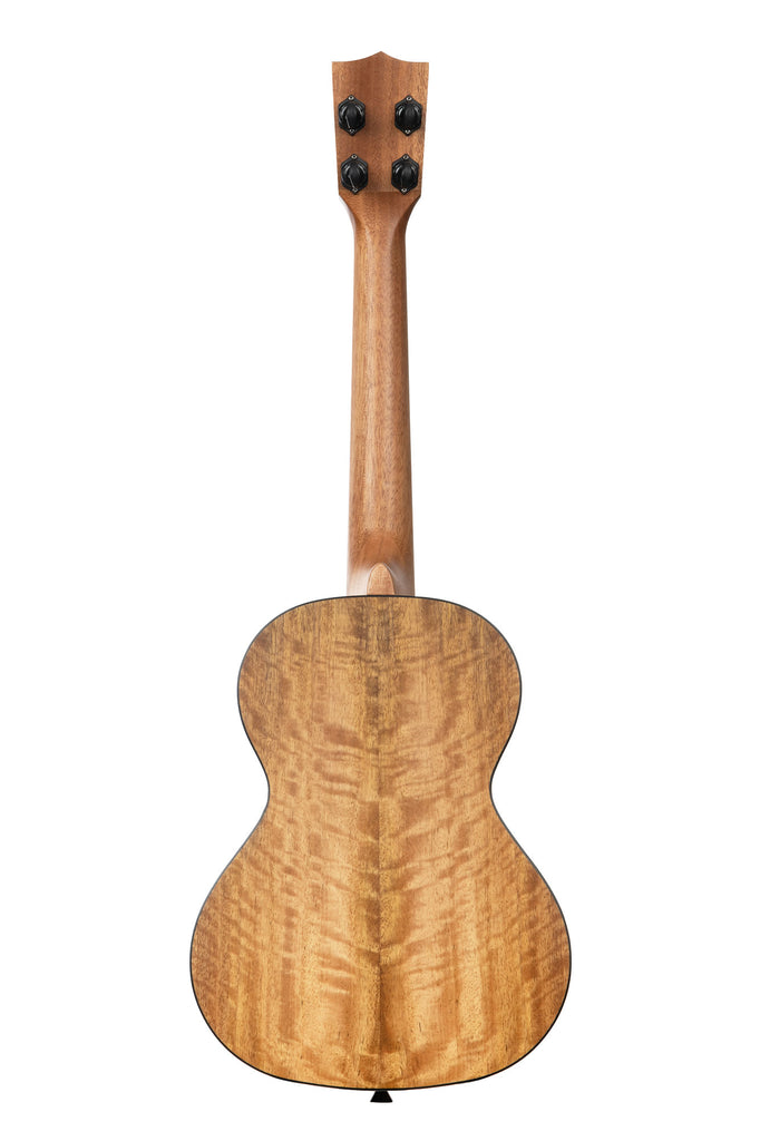 A Curly Mango Tenor Ukulele shown at a back angle
