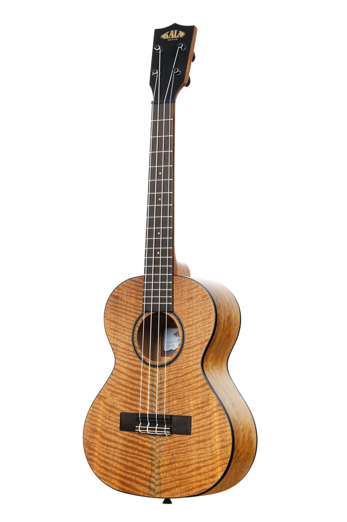 A Curly Mango Tenor Ukulele shown at a left angle