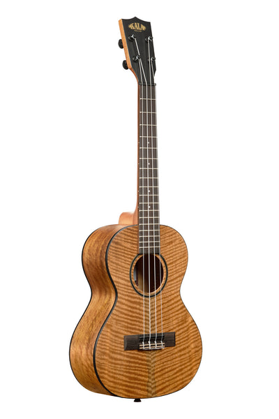 A Curly Mango Tenor Ukulele shown at a right angle