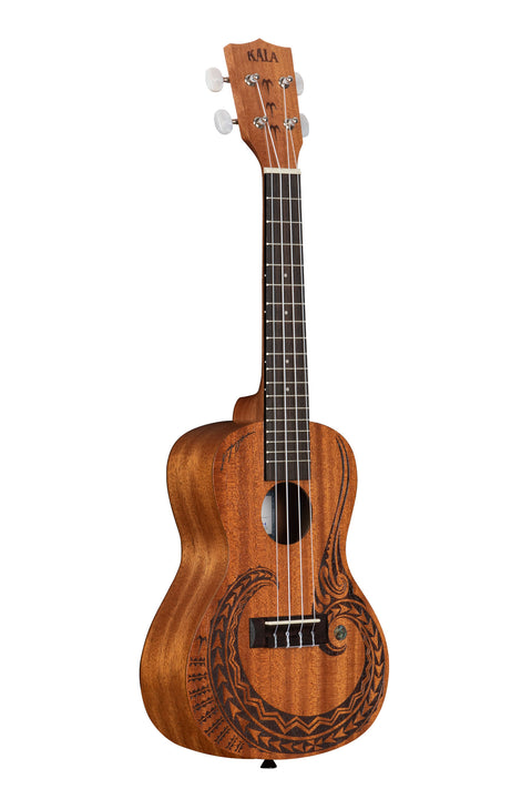 A Courage Mahogany Concert Ukulele shown at a right angle