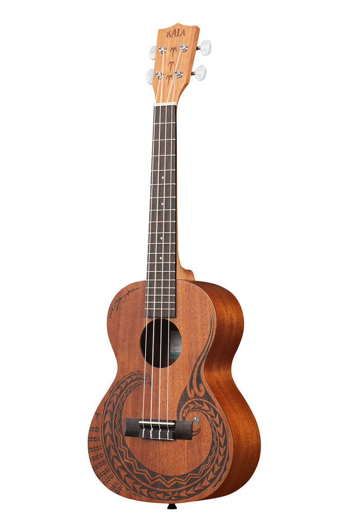 A Courage Mahogany Tenor Ukulele shown at a left angle