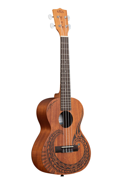 A Courage Mahogany Tenor Ukulele shown at a right angle