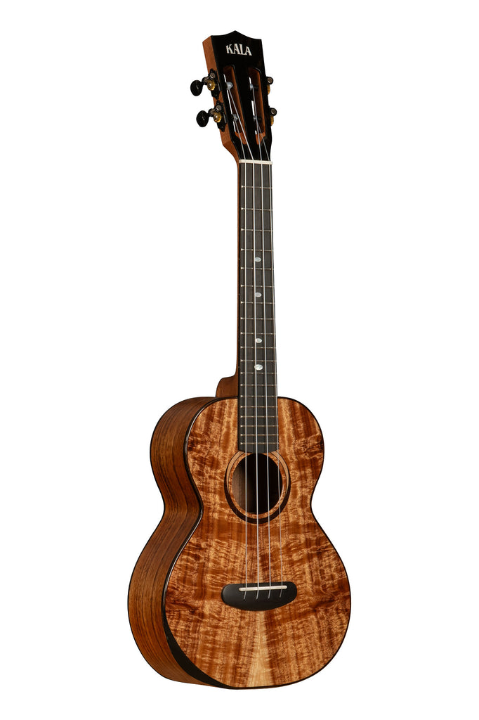 A Contour All Solid Gloss Acacia Tenor Ukulele w/ Bag shown at a right angle