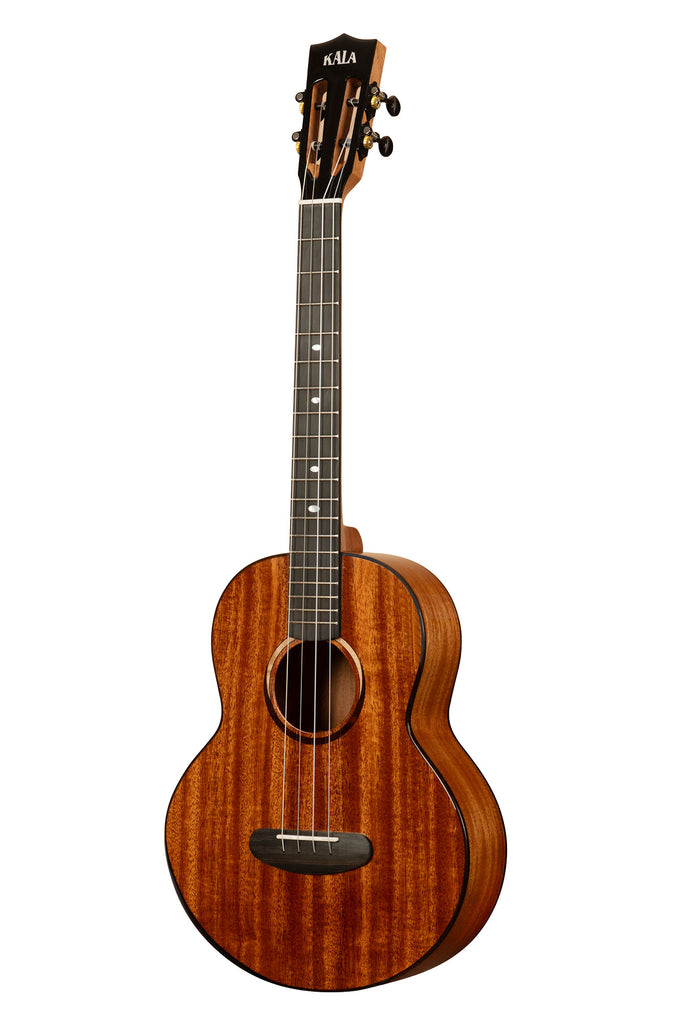 A Contour All Solid Gloss Mahogany Baritone Ukulele w/ Bag shown at a left angle