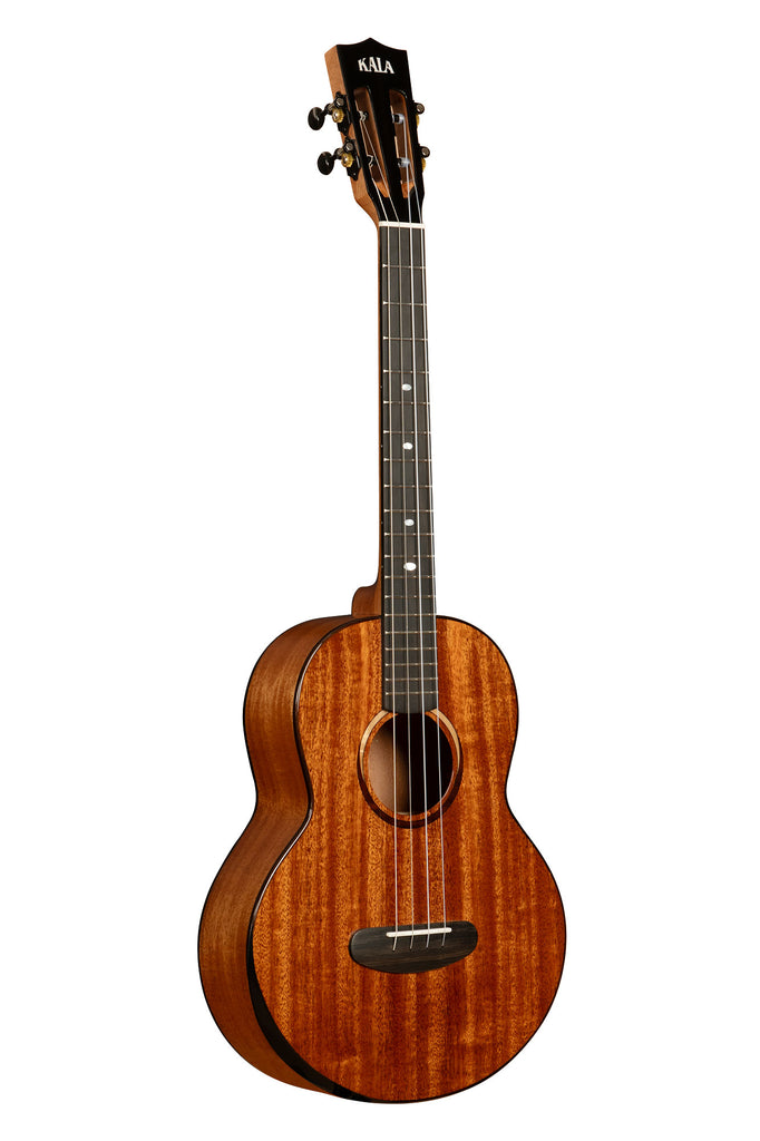 A Contour All Solid Gloss Mahogany Baritone Ukulele w/ Bag shown at a right angle