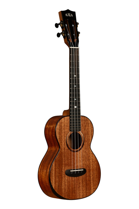 A Contour All Solid Gloss Mahogany Tenor Ukulele w/ Bag shown at a right angle