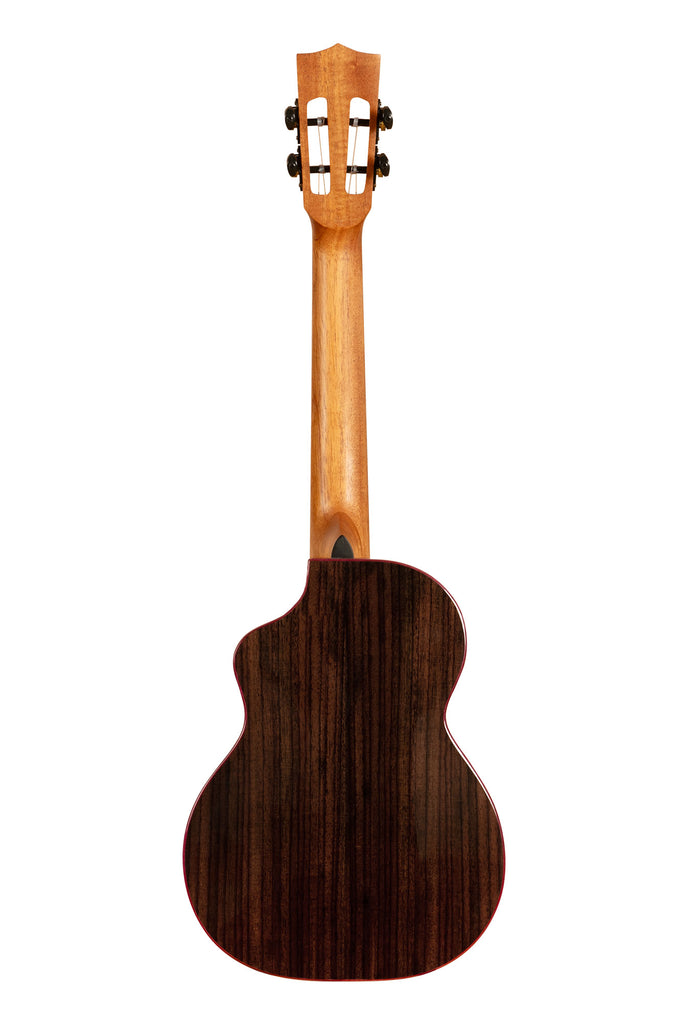 A Contour All Solid Gloss Spruce Rosewood Tenor Ukulele w/ Cutaway and Bag shown at a back angle