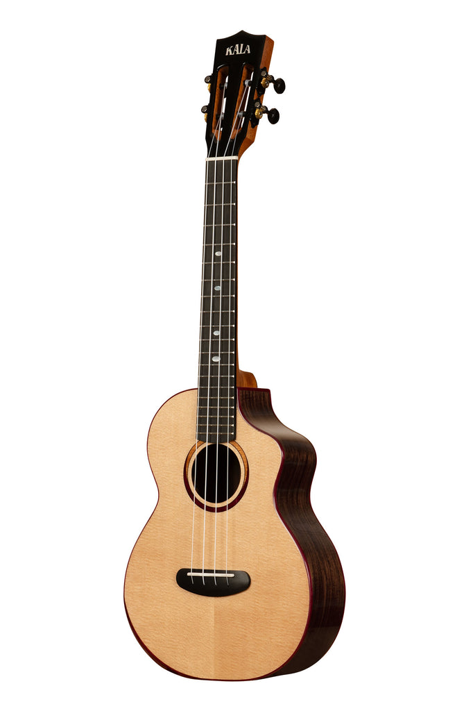 A Contour All Solid Gloss Spruce Rosewood Tenor Ukulele w/ Cutaway and Bag shown at a left angle