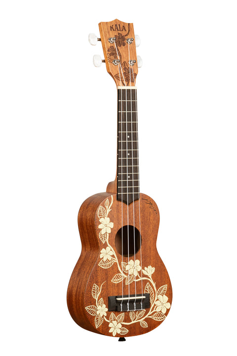 A Gardenia Mahogany Soprano Ukulele shown at a right angle