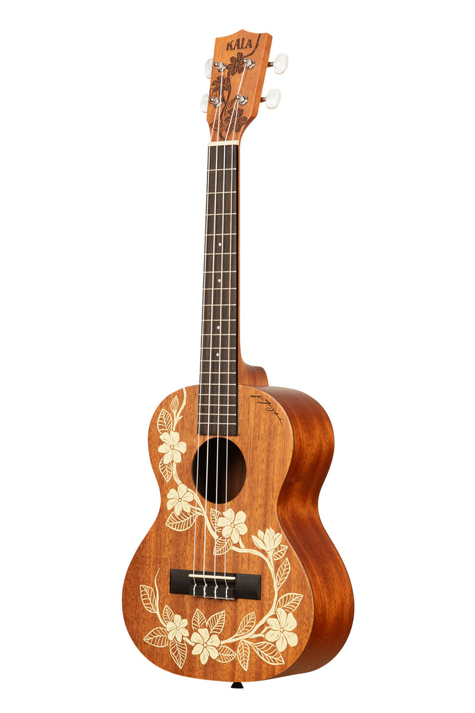 A Gardenia Mahogany Tenor Ukulele shown at a left angle