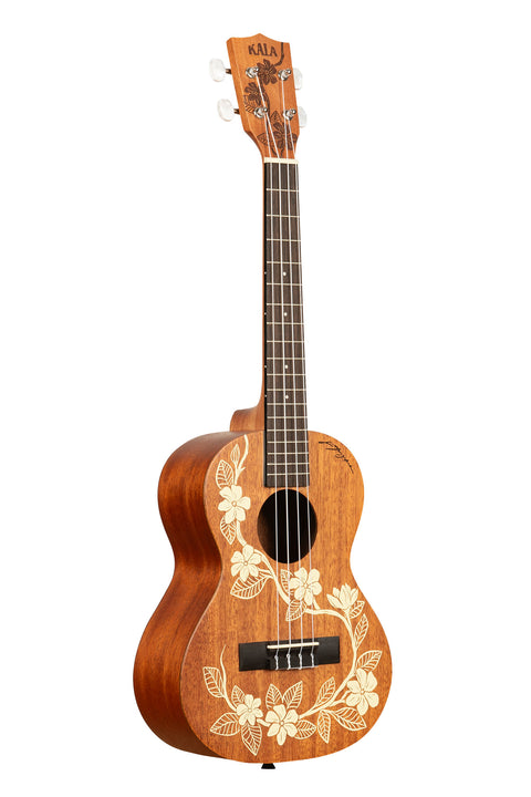 A Gardenia Mahogany Tenor Ukulele shown at a right angle