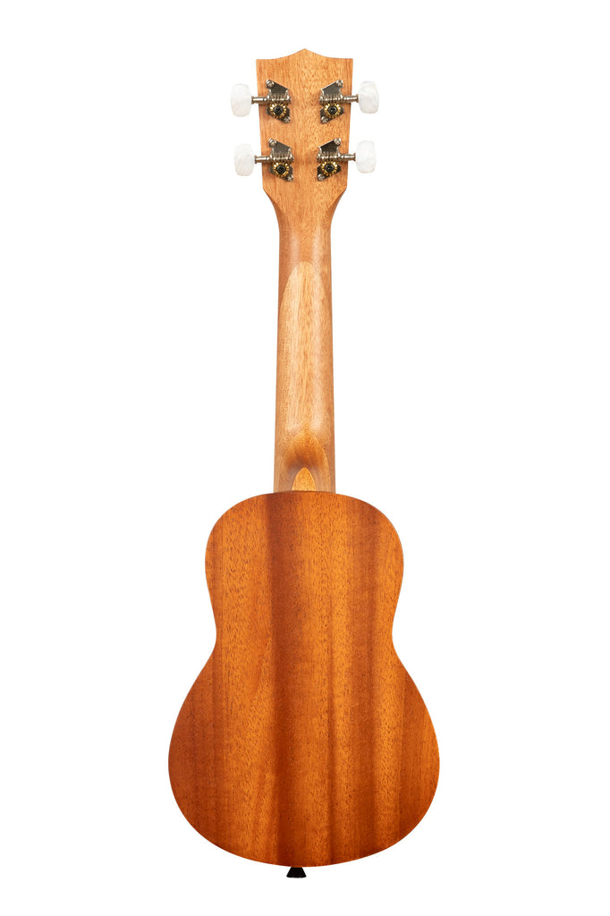 A Hibiscus Mahogany Soprano Ukulele shown at a back angle