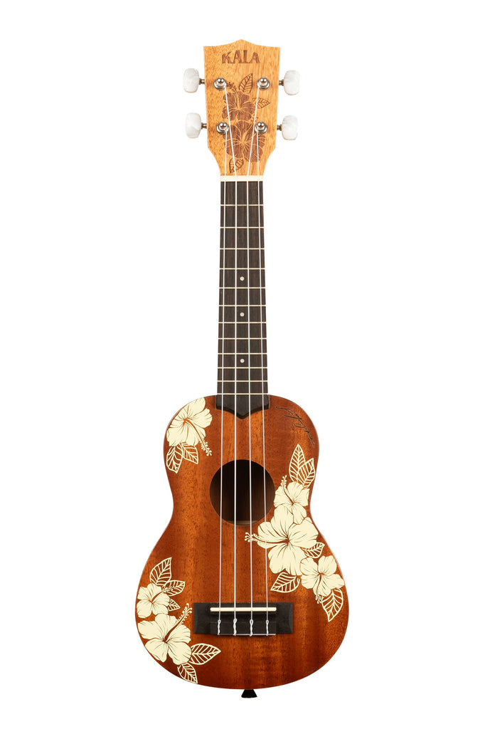 A Hibiscus Mahogany Soprano Ukulele shown at a front angle