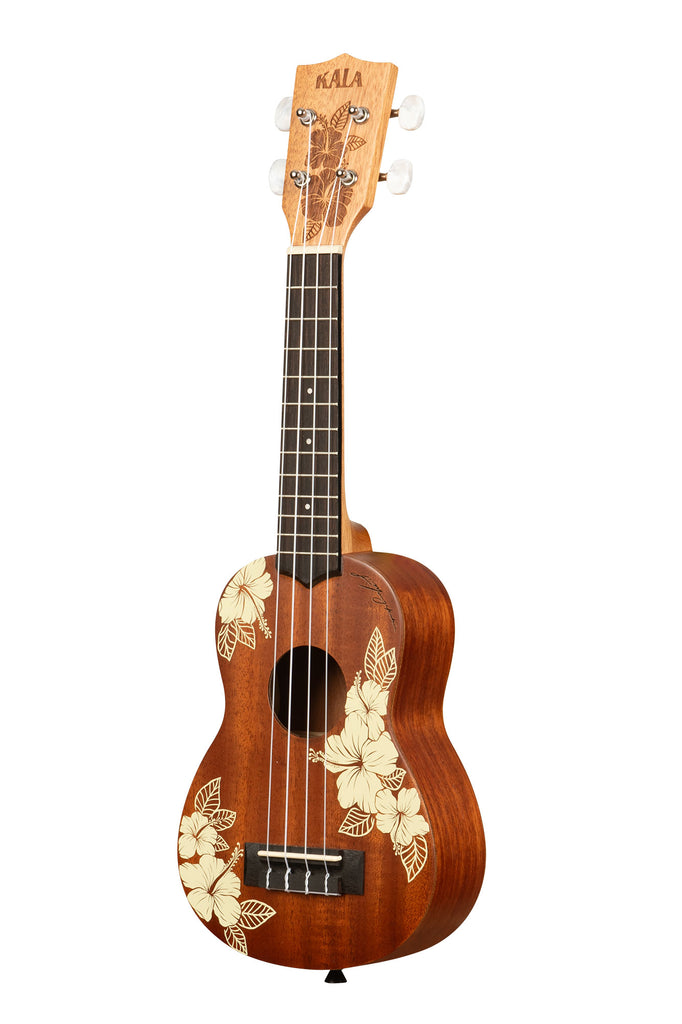 A Hibiscus Mahogany Soprano Ukulele shown at a left angle
