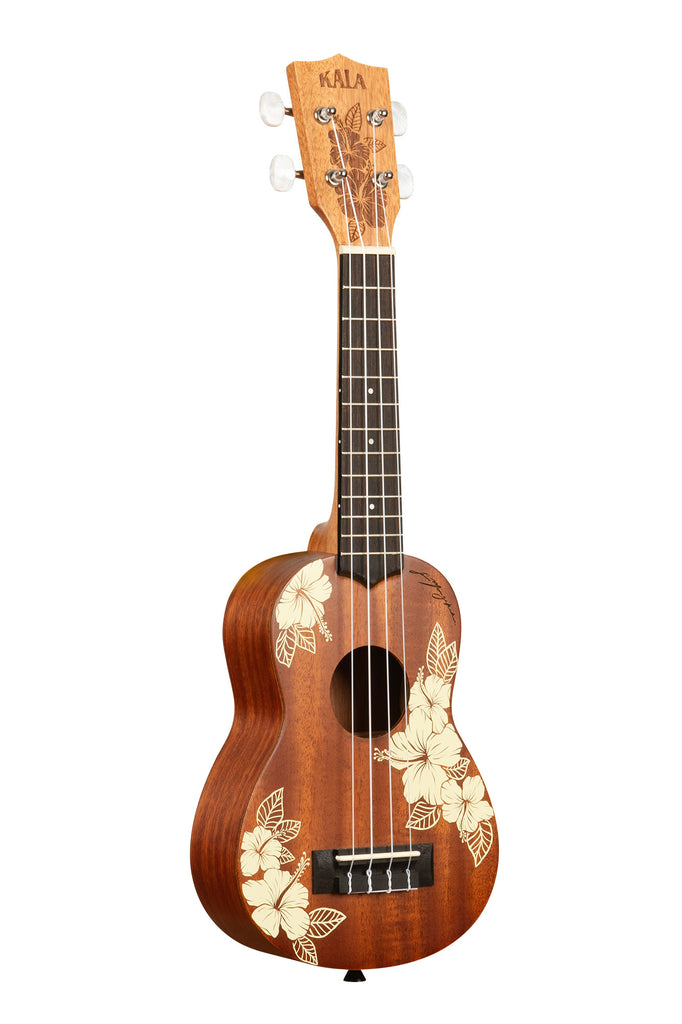 A Hibiscus Mahogany Soprano Ukulele shown at a right angle