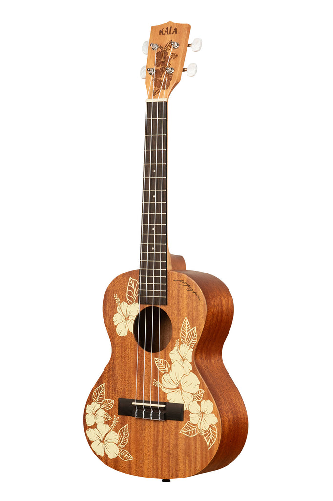 A Hibiscus Mahogany Tenor Ukulele shown at a left angle