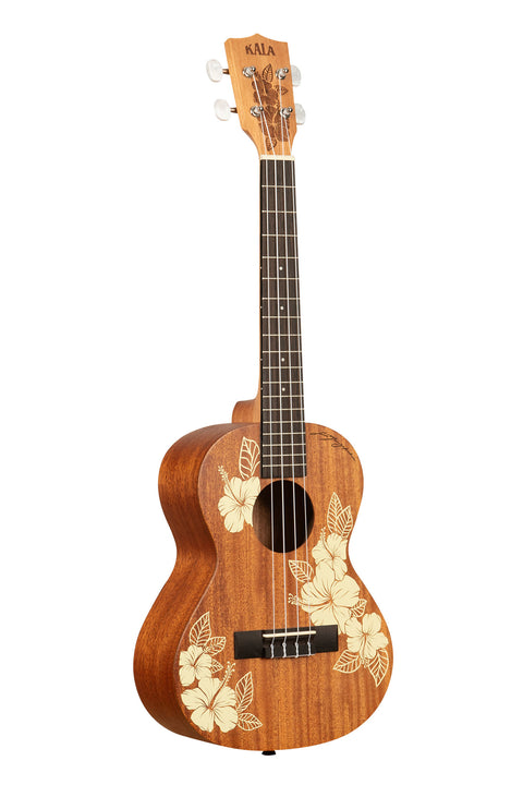 A Hibiscus Mahogany Tenor Ukulele shown at a right angle