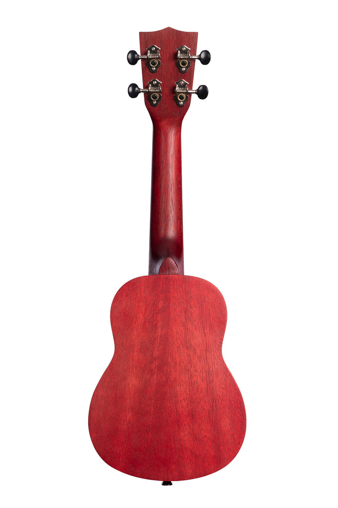 A Adobe Red Watercolor Meranti Soprano Ukulele shown at a back angle