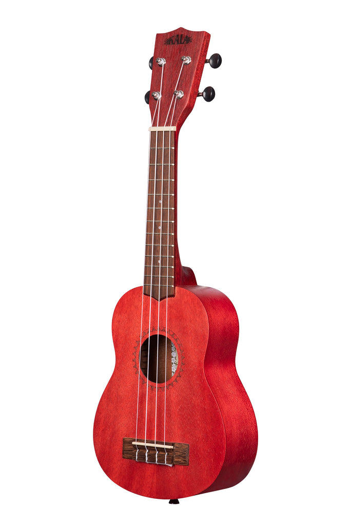 A Adobe Red Watercolor Meranti Soprano Ukulele shown at a left angle