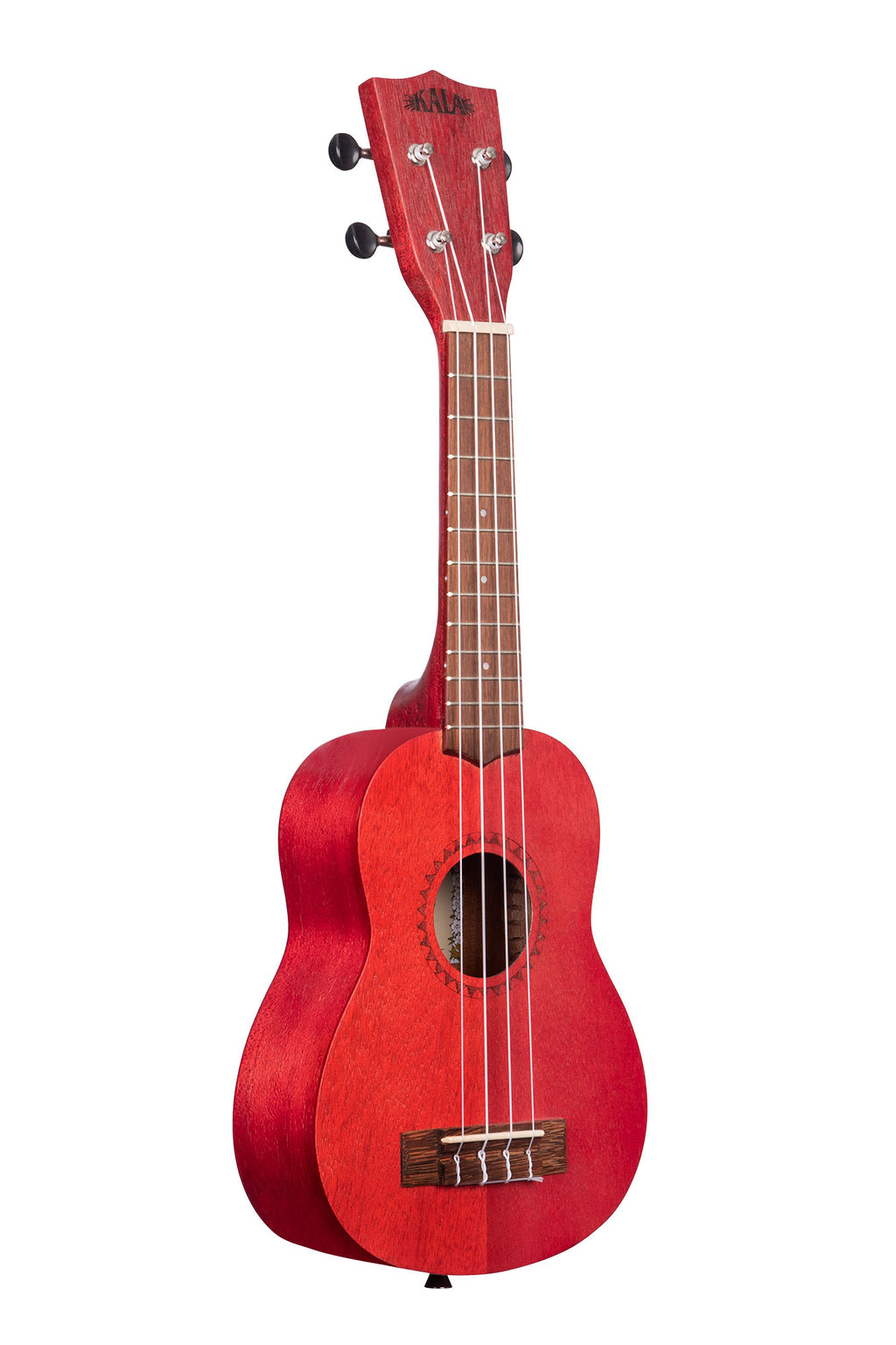A Adobe Red Watercolor Meranti Soprano Ukulele shown at a right angle