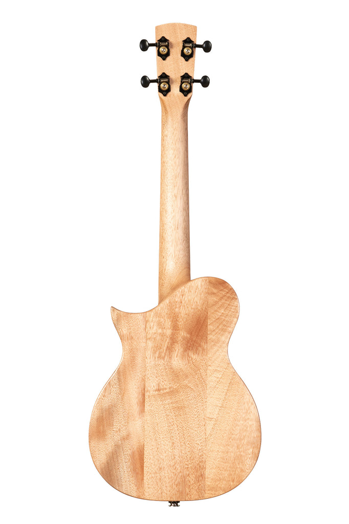 A Revelator® Night Owl Acacia Tenor Ukulele shown at a back angle