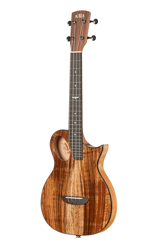 A Revelator® Night Owl Acacia Tenor Ukulele shown at a left angle