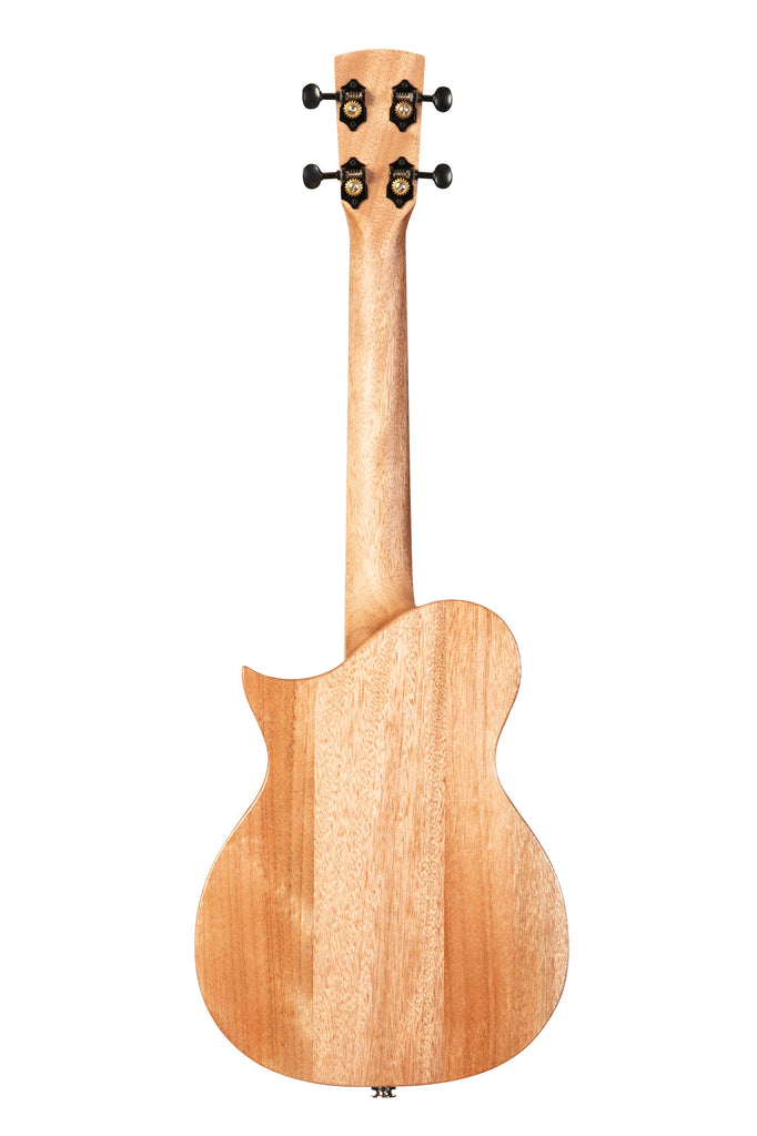 A Revelator® Night Owl Mango Tenor Ukulele shown at a back angle
