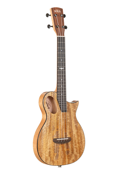 A Revelator® Night Owl Mango Tenor Ukulele shown at a right angle