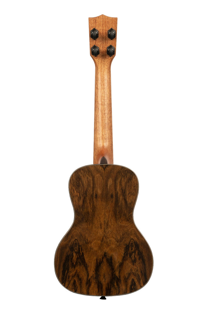 A Premier Exotic Bocote Concert Ukulele shown at a back angle