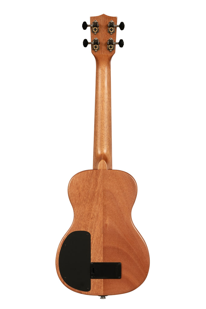 A Solid Body Electric Sunny & The Black Pack Signature Tenor Ukulele shown at a back angle