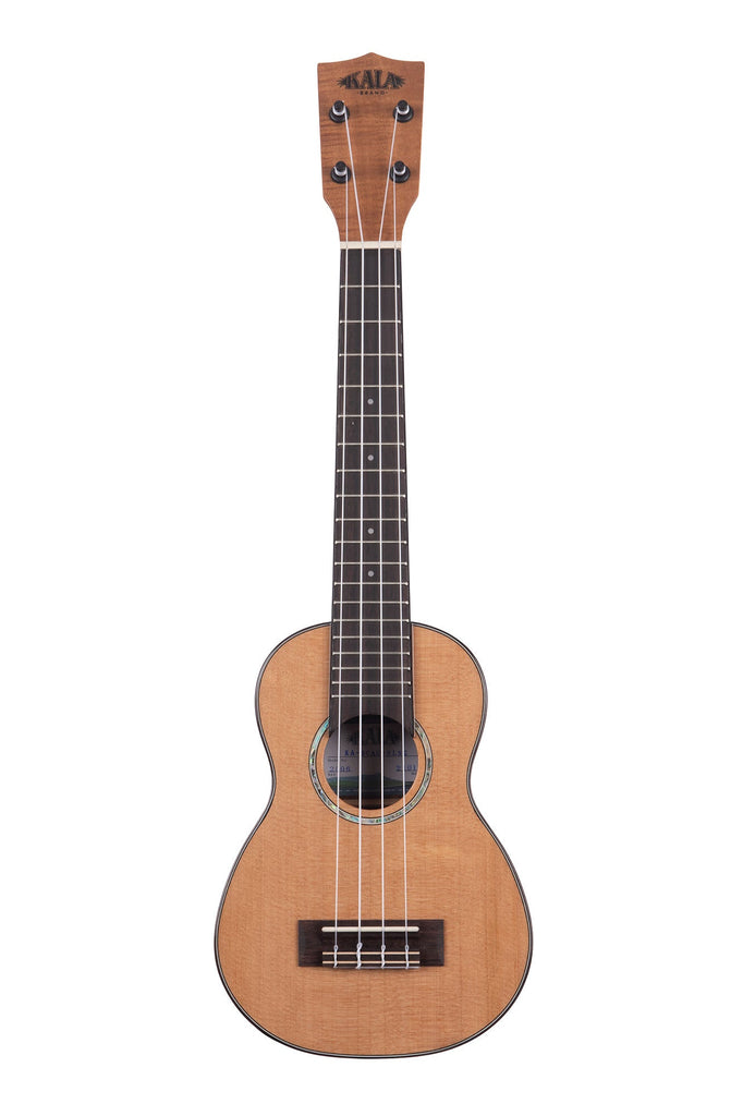 A Gloss Solid Cedar Top Acacia Long Neck Soprano Ukulele shown at a front angle