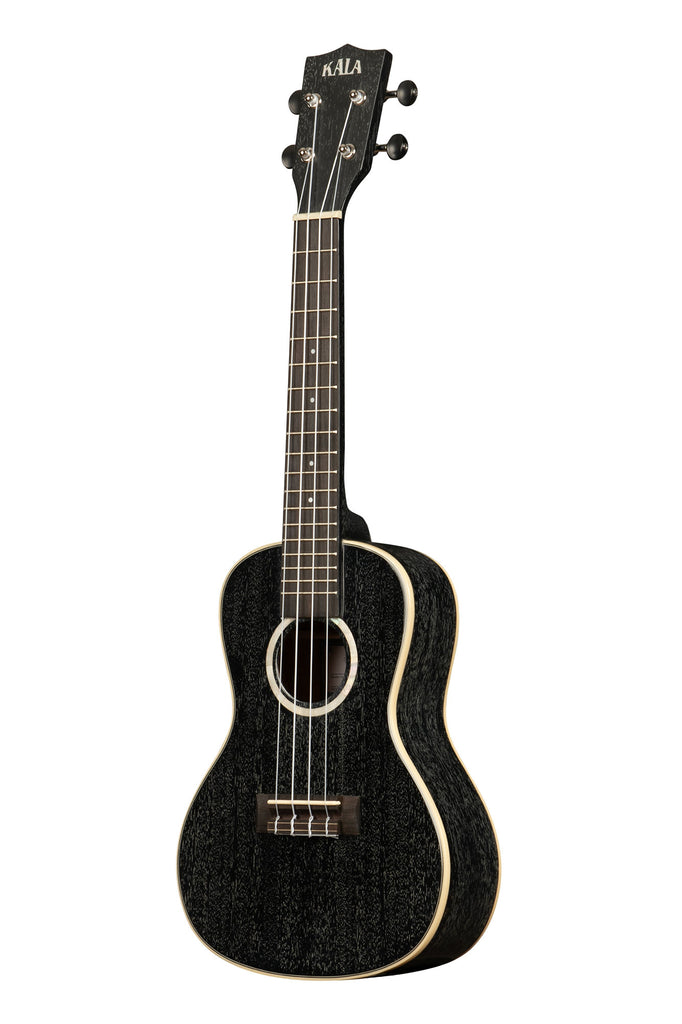 A All Solid Salt & Pepper Doghair Mahogany Concert Ukulele shown at a left angle
