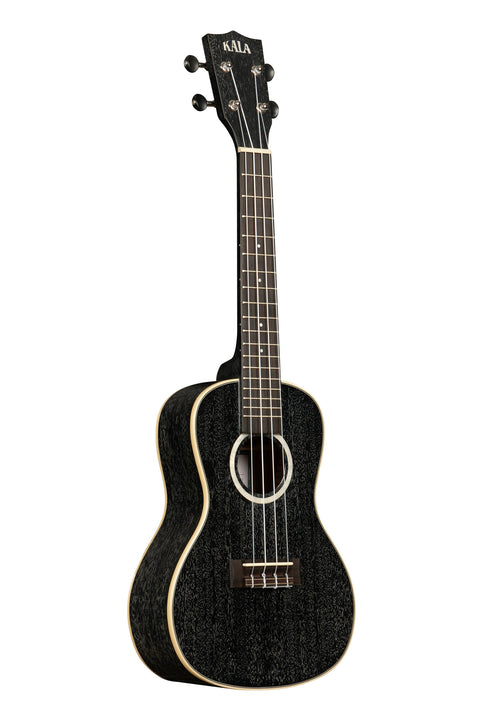 A All Solid Salt & Pepper Doghair Mahogany Concert Ukulele shown at a right angle