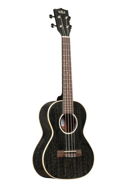 A All Solid Salt & Pepper Doghair Mahogany Tenor Ukulele shown at a right angle
