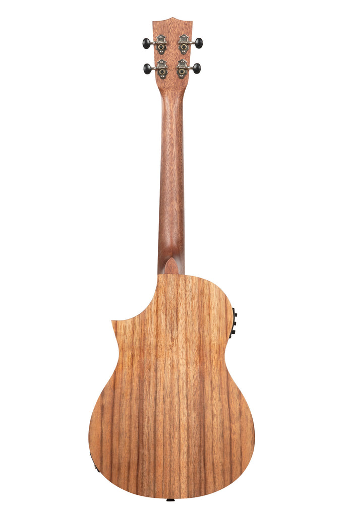 A Teak Tri-Top Baritone Ukulele w/ Cutaway & EQ shown at a back angle