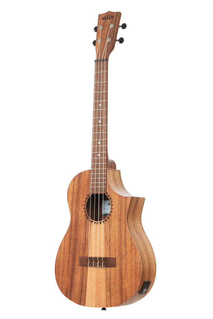A Teak Tri-Top Baritone Ukulele w/ Cutaway & EQ shown at a left angle