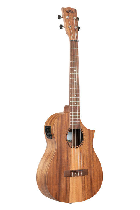 A Teak Tri-Top Baritone Ukulele w/ Cutaway & EQ shown at a right angle