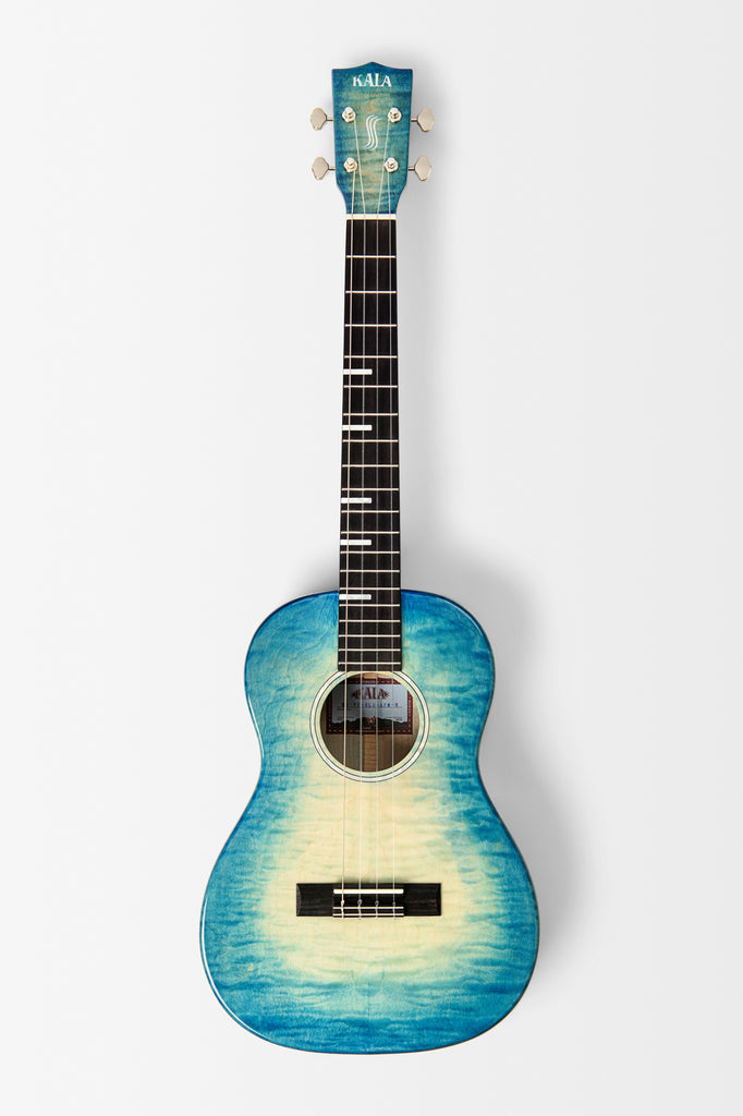 All Solid Blue Flame Maple Waterfall Baritone Ukulele w/ Bag